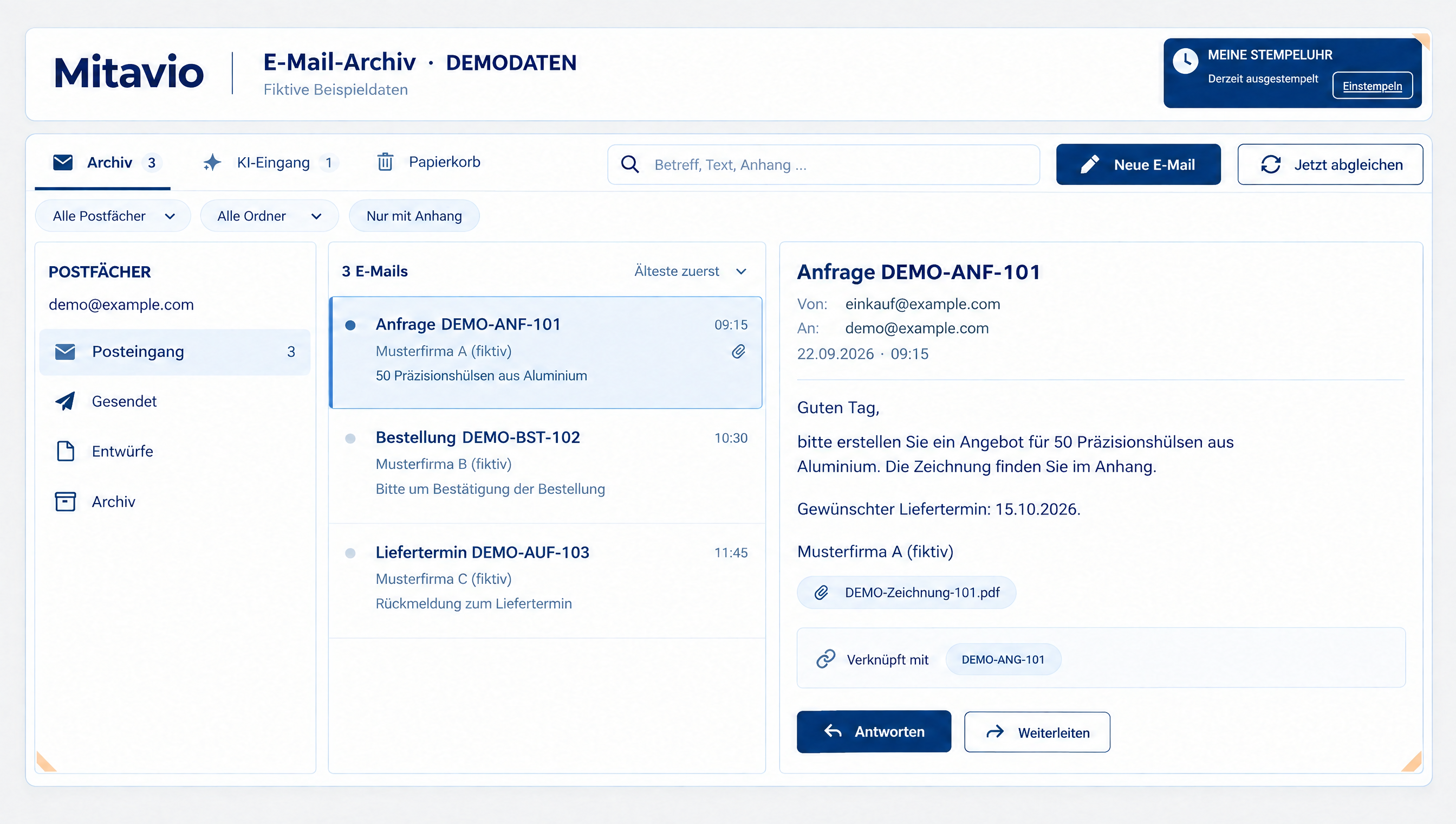 E-Mail-Archiv – Produktansicht mit fiktiven Demodaten.