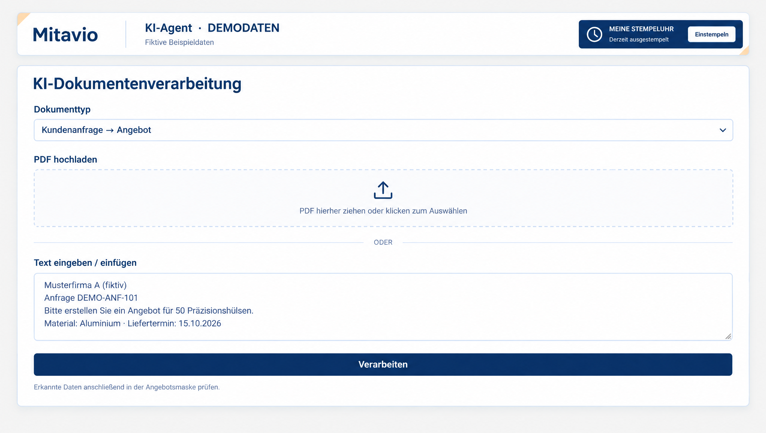 KI-Agent – Produktansicht mit fiktiven Demodaten.